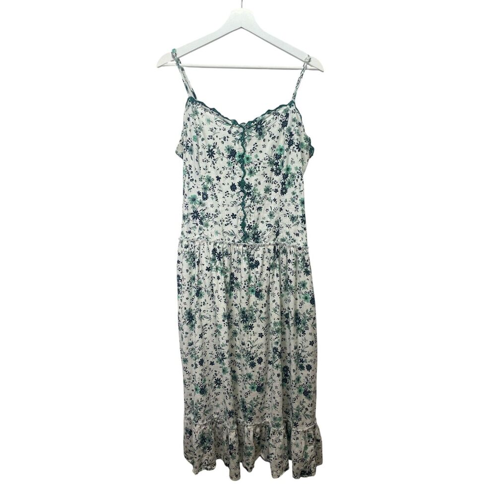 NEW Anthropologie DropvWaist Linen Blend Dress White Green Floral Size L - Picture 5 of 10
